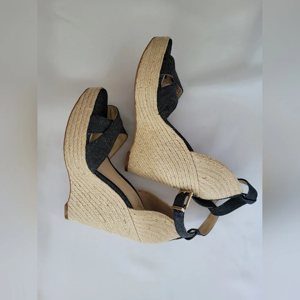 New Vince Camuto Espadrille Wedge Sandals Denim Blue Ankle Strap 9.5